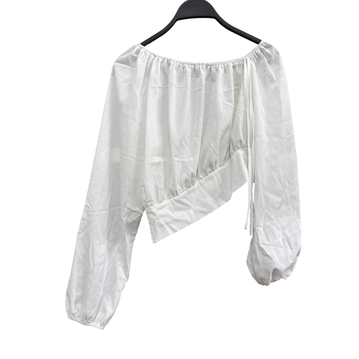 Shein Sxy Womens White Blouse Asymmetrical Hem Elastic Puff Sleeves 97% Polyester S