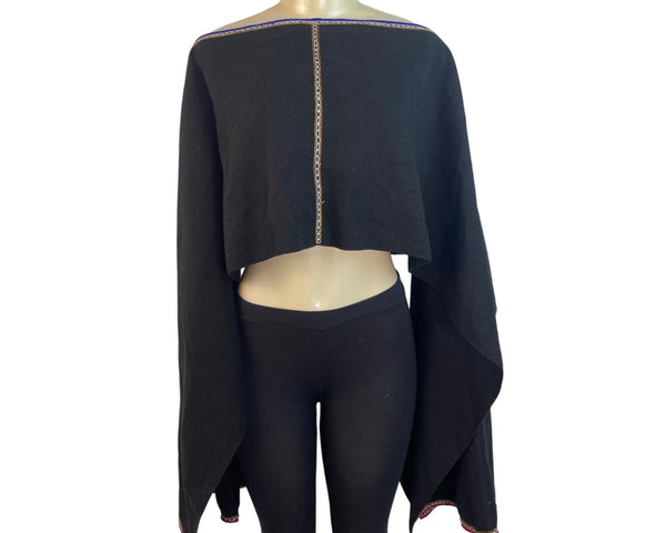Black Boho Off-Shoulder Crop Top With Bell Sleeves & Embroidered Trim