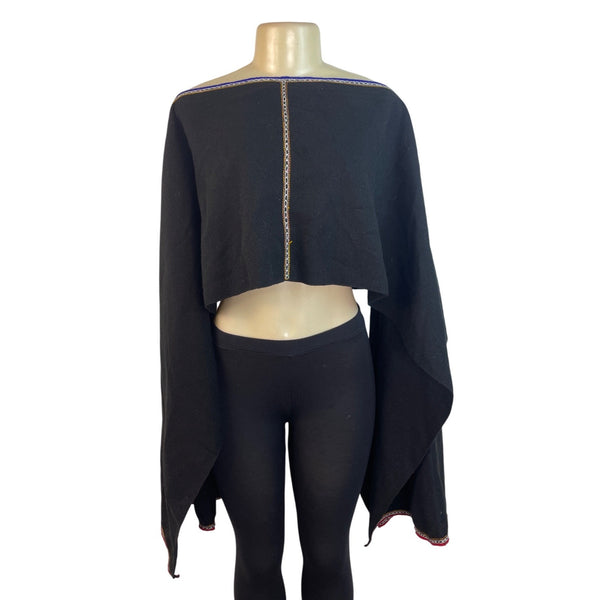 Black Boho Off-Shoulder Crop Top With Bell Sleeves & Embroidered Trim