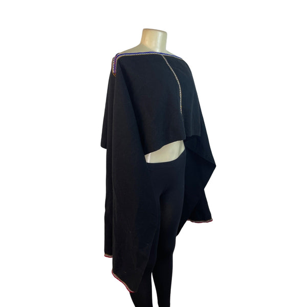 Black Boho Off-Shoulder Crop Top With Bell Sleeves & Embroidered Trim