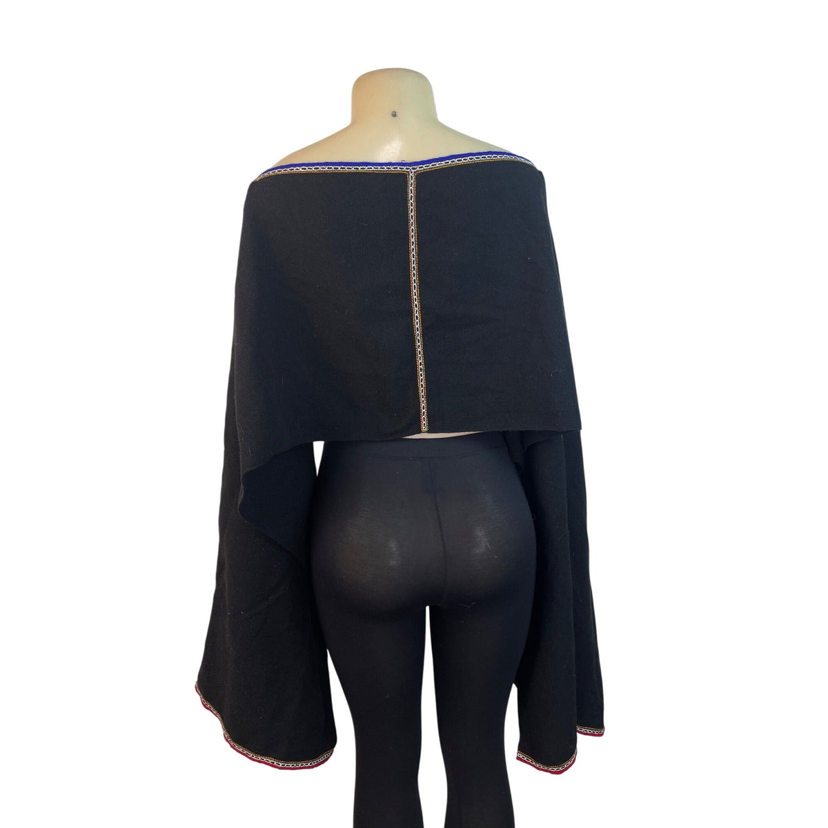 Black Boho Off-Shoulder Crop Top With Bell Sleeves & Embroidered Trim