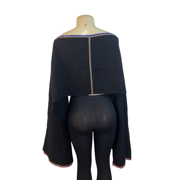 Black Boho Off-Shoulder Crop Top With Bell Sleeves & Embroidered Trim