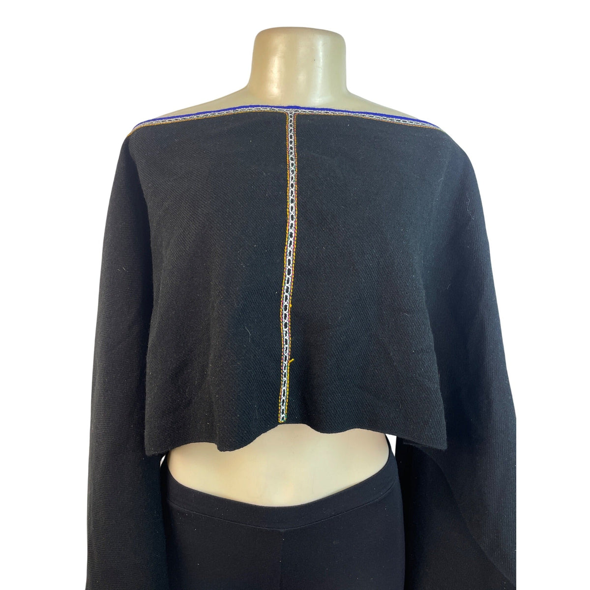 Black Boho Off-Shoulder Crop Top With Bell Sleeves & Embroidered Trim