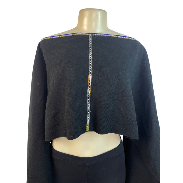 Black Boho Off-Shoulder Crop Top With Bell Sleeves & Embroidered Trim