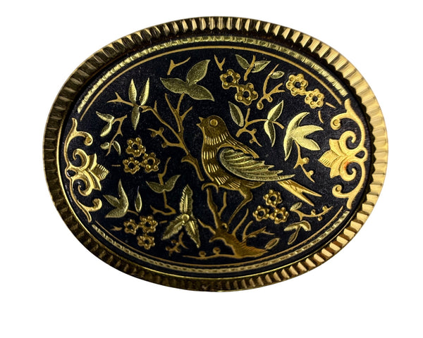 Gold Tone Vintage Black Oval Brooch Floral Bird Motif Embossed