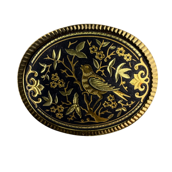 Gold Tone Vintage Black Oval Brooch Floral Bird Motif Embossed