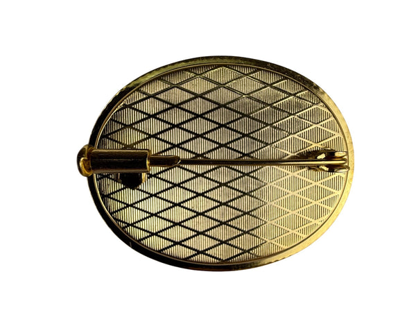 Gold Tone Vintage Black Oval Brooch Floral Bird Motif Embossed