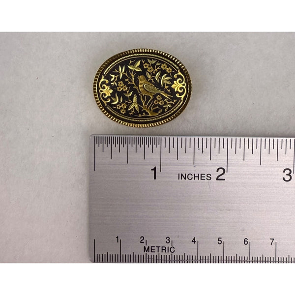 Gold Tone Vintage Black Oval Brooch Floral Bird Motif Embossed
