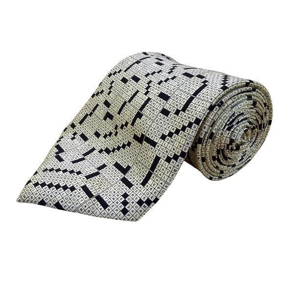 Museum Artifacts Mens Black & White All Silk Crossword Puzzle Print Tie Handmade