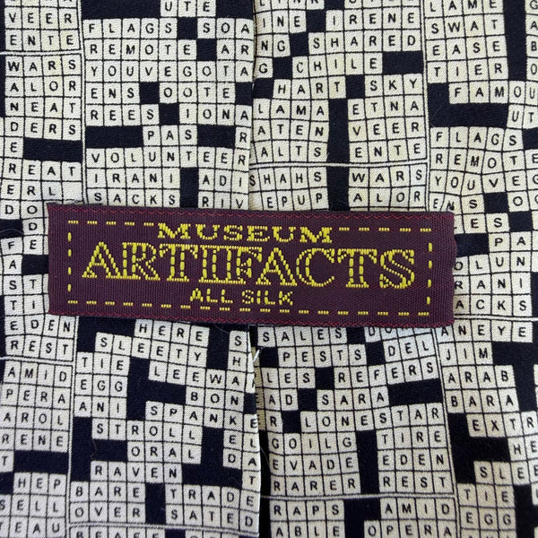 Museum Artifacts Mens Black & White All Silk Crossword Puzzle Print Tie Handmade
