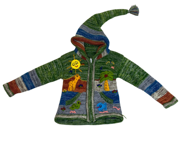 Handmade Green Multicolor Knit Hooded Cardigan With Animal Jungle Appliqués