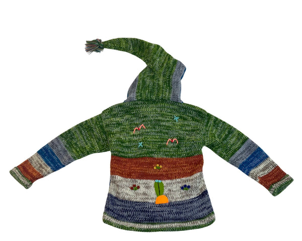 Handmade Green Multicolor Knit Hooded Cardigan With Animal Jungle Appliqués