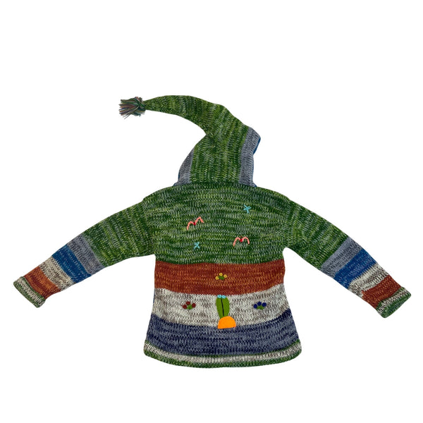 Handmade Green Multicolor Knit Hooded Cardigan With Animal Jungle Appliqués