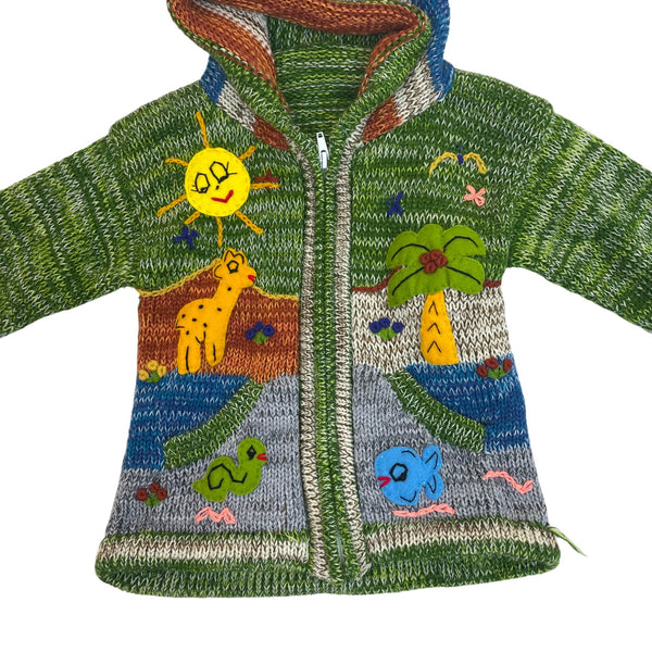 Handmade Green Multicolor Knit Hooded Cardigan With Animal Jungle Appliqués