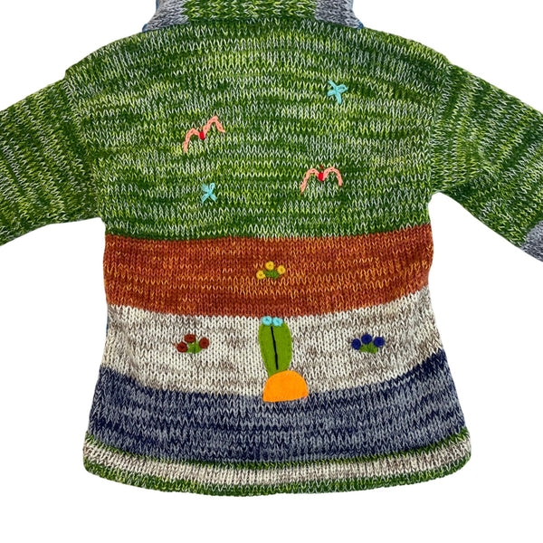 Handmade Green Multicolor Knit Hooded Cardigan With Animal Jungle Appliqués