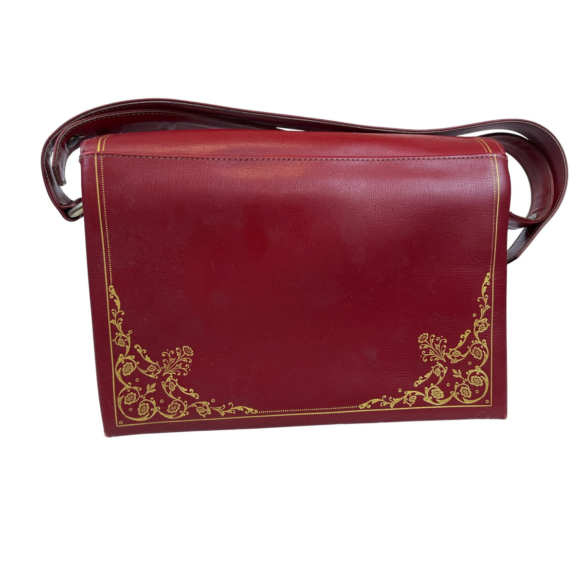 Red Faux Leather Womens Crossbody Bag With Decorative Gold Pattern