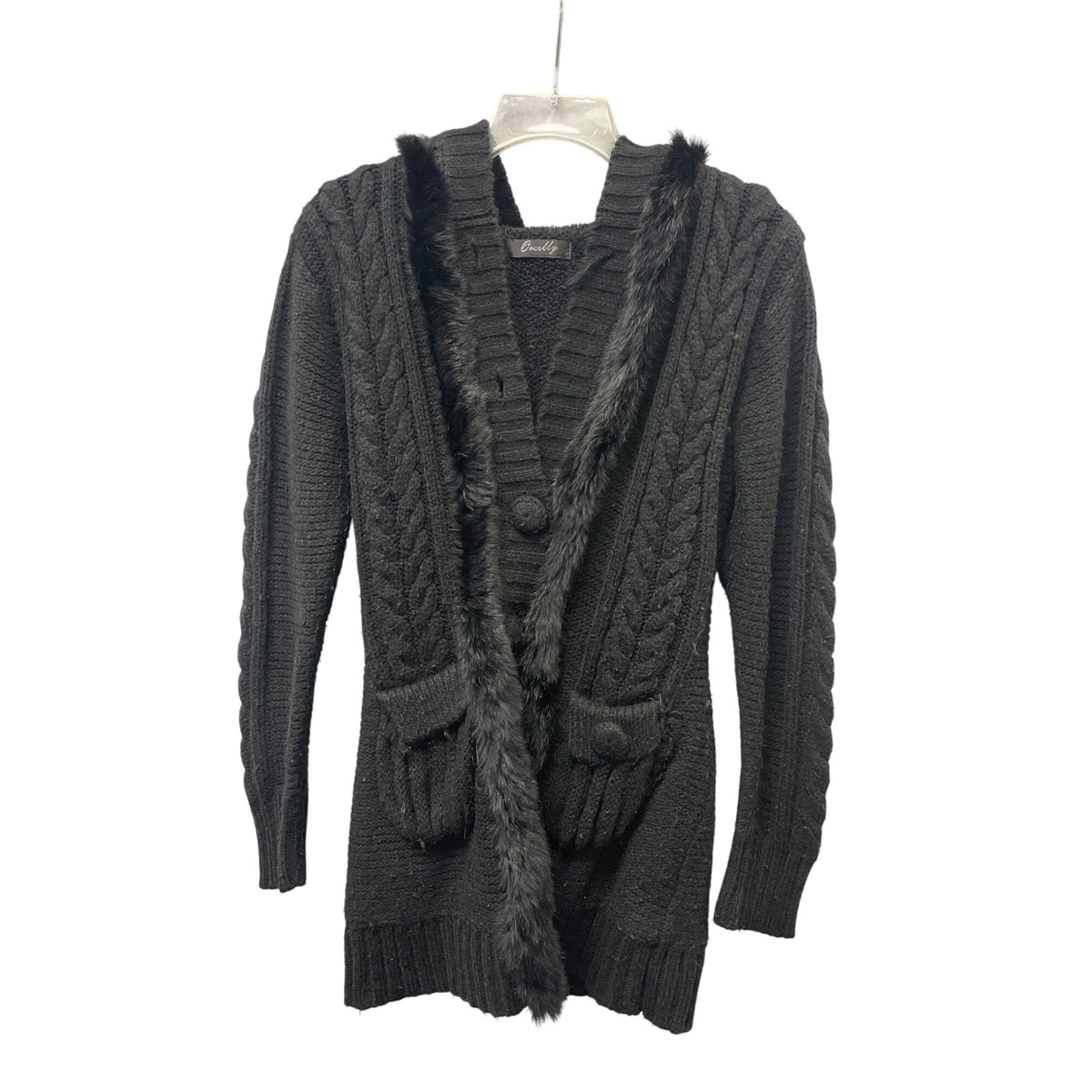 Oncelly Womens Black Knit Faux Fur Trim Cardigan Sweater With Belt Medium