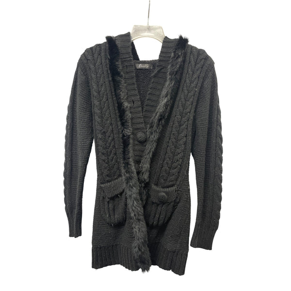 Oncelly Womens Black Knit Faux Fur Trim Cardigan Sweater With Belt Medium