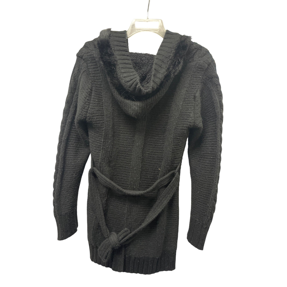 Oncelly Womens Black Knit Faux Fur Trim Cardigan Sweater With Belt Medium