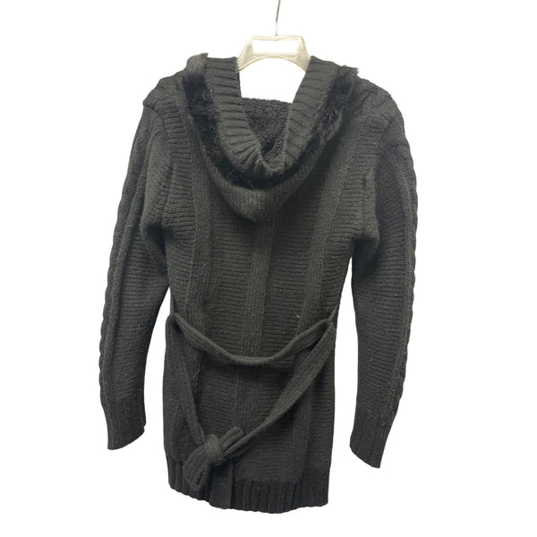 Oncelly Womens Black Knit Faux Fur Trim Cardigan Sweater With Belt Medium