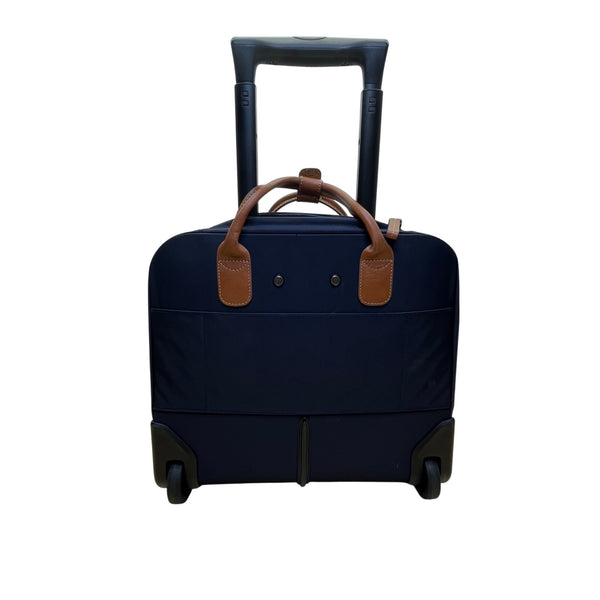 Brics Men’s Navy Nylon Lightweight Rolling Carry-On Bag With Leather Trim