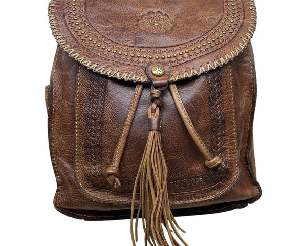 Patricia Nash Brown Embossed Leather Backpack Tassel & Decorative Stitching Sz M