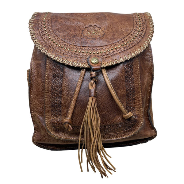 Patricia Nash Brown Embossed Leather Backpack Tassel & Decorative Stitching Sz M