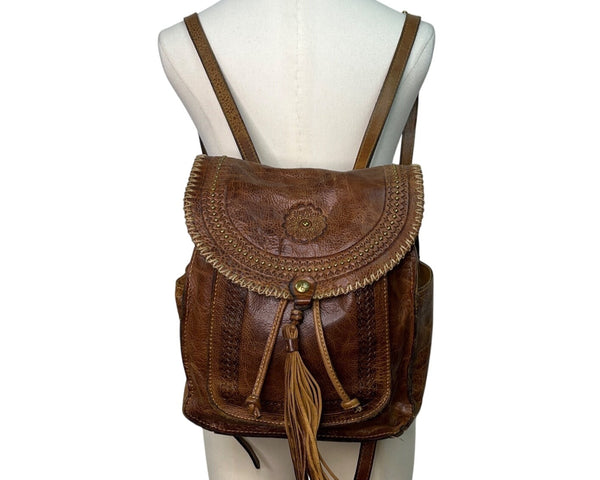 Patricia Nash Brown Embossed Leather Backpack Tassel & Decorative Stitching Sz M