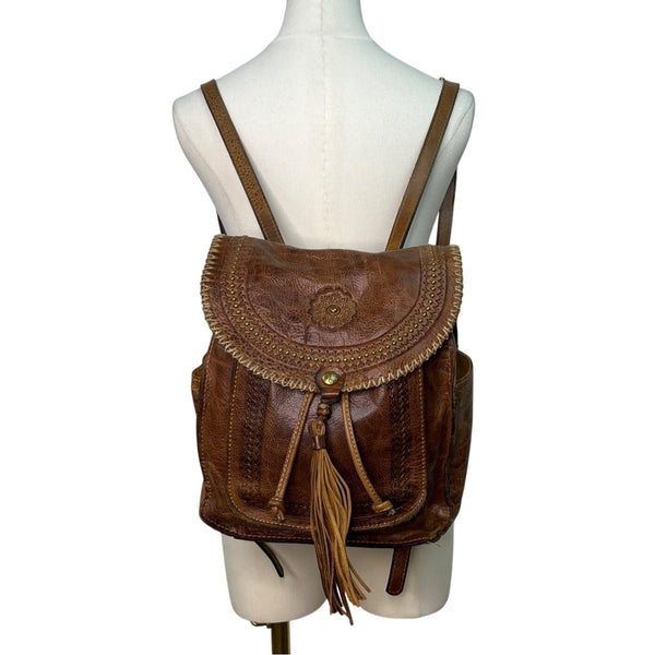 Patricia Nash Brown Embossed Leather Backpack Tassel & Decorative Stitching Sz M