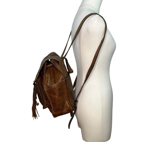 Patricia Nash Brown Embossed Leather Backpack Tassel & Decorative Stitching Sz M