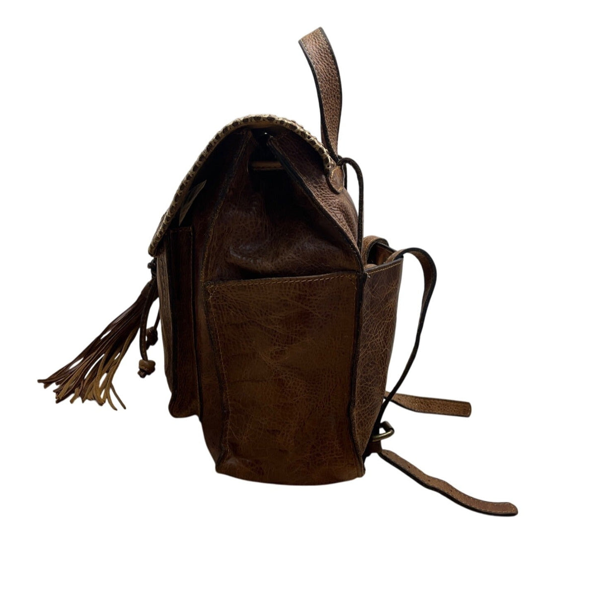 Patricia Nash Brown Embossed Leather Backpack Tassel & Decorative Stitching Sz M