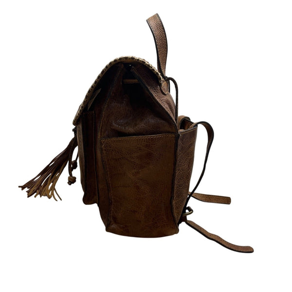 Patricia Nash Brown Embossed Leather Backpack Tassel & Decorative Stitching Sz M