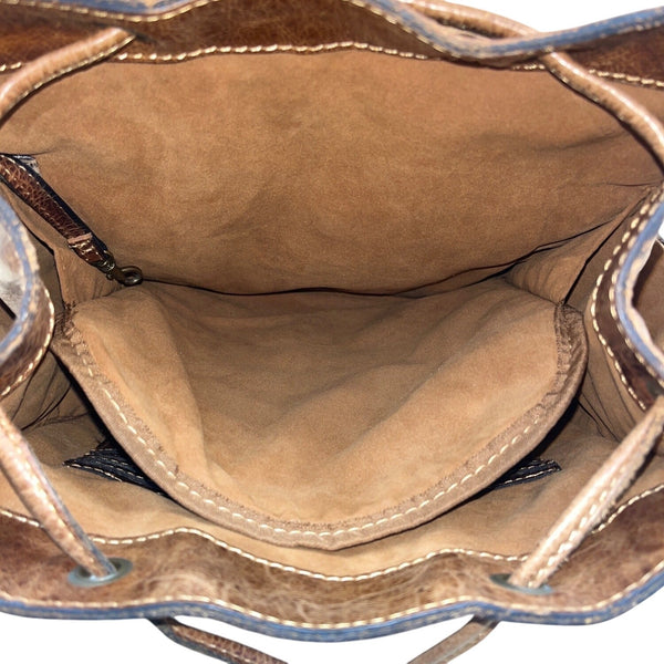 Patricia Nash Brown Embossed Leather Backpack Tassel & Decorative Stitching Sz M