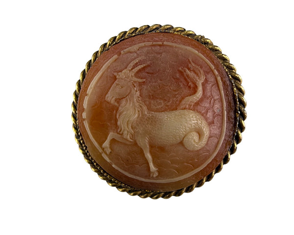 Vintage Gold Tone & Carved Cameo Capricorn Circle Brooch Pin Zodiac Style