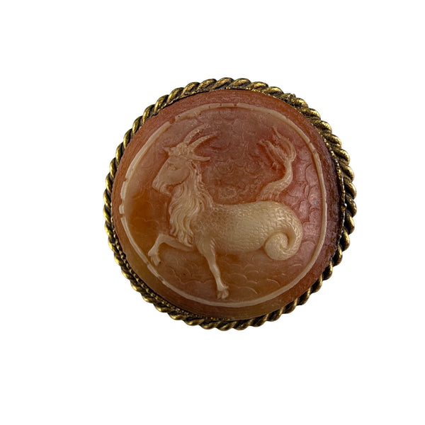 Vintage Gold Tone & Carved Cameo Capricorn Circle Brooch Pin Zodiac Style
