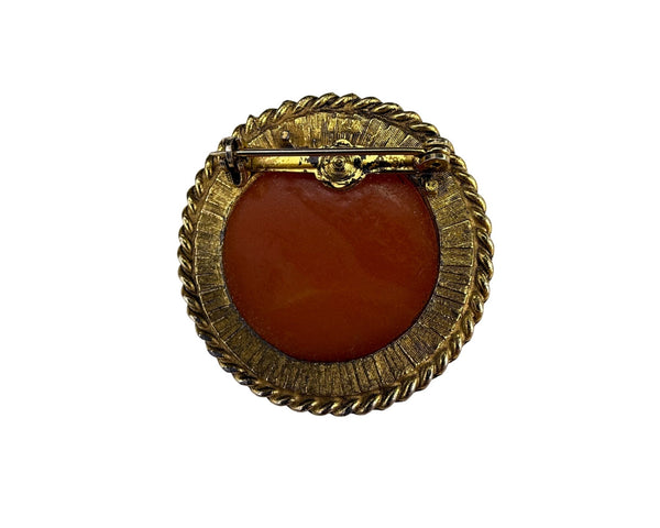 Vintage Gold Tone & Carved Cameo Capricorn Circle Brooch Pin Zodiac Style