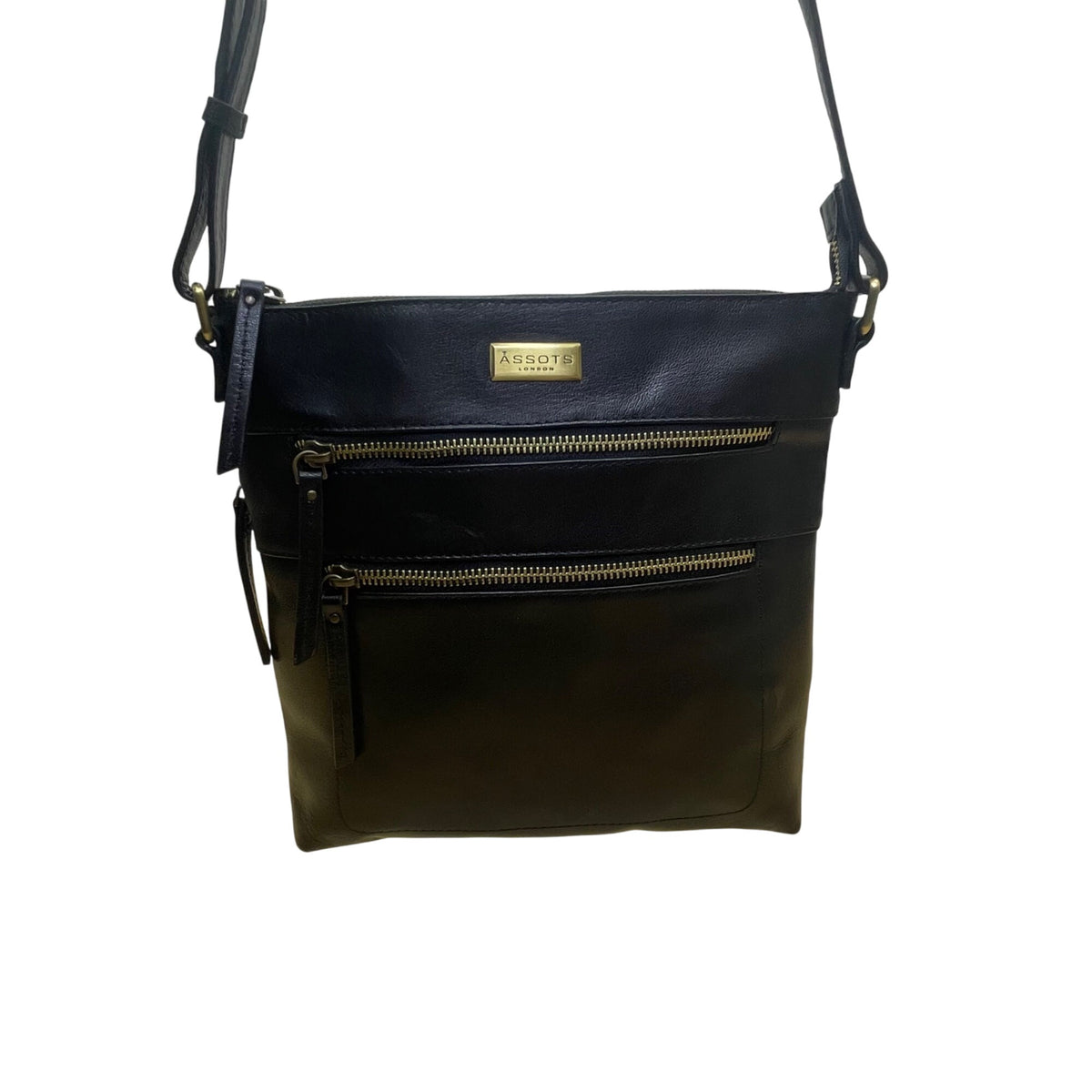 Assots Women’s Black Leather Adjustable Strap Dual-Zip Pockets Crossbody Bag