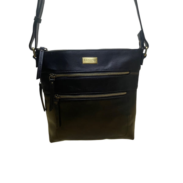 Assots Women’s Black Leather Adjustable Strap Dual-Zip Pockets Crossbody Bag