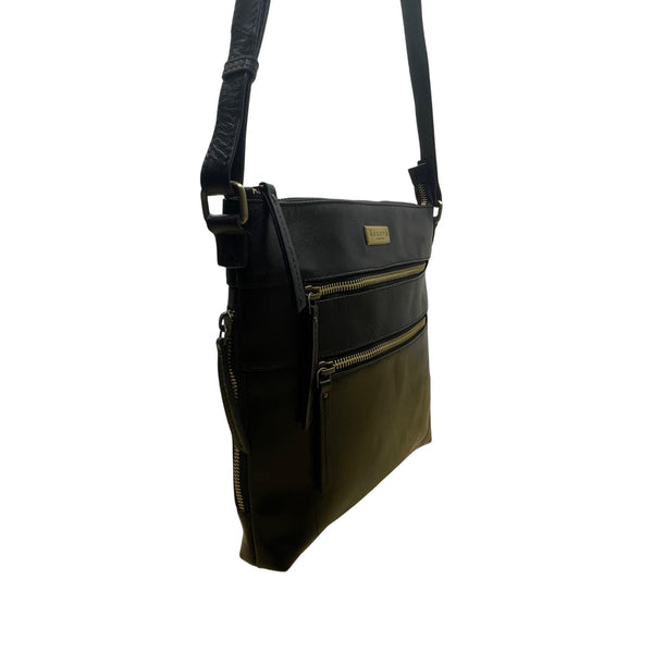 Assots Women’s Black Leather Adjustable Strap Dual-Zip Pockets Crossbody Bag