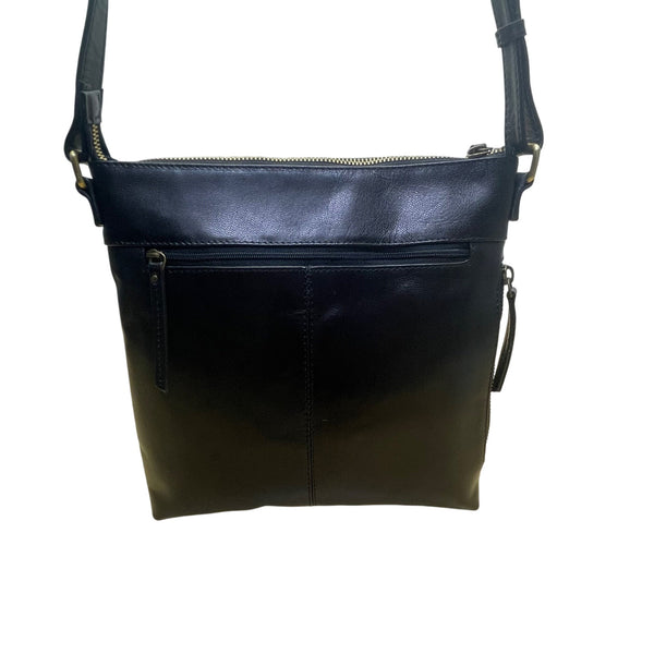 Assots Women’s Black Leather Adjustable Strap Dual-Zip Pockets Crossbody Bag