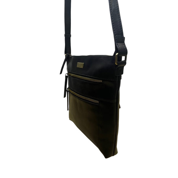 Assots Women’s Black Leather Adjustable Strap Dual-Zip Pockets Crossbody Bag