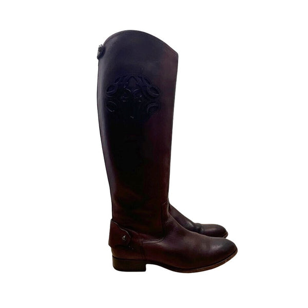 Vintage Frye Women’s Brown Embossed Leather Back Zip Up Tall Riding Boots Sz 8.5