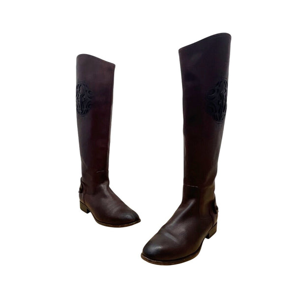 Vintage Frye Women’s Brown Embossed Leather Back Zip Up Tall Riding Boots Sz 8.5