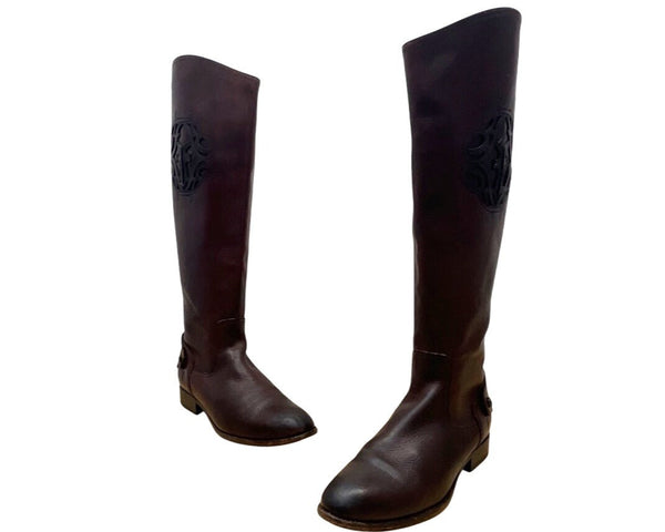 Vintage Frye Women’s Brown Embossed Leather Back Zip Up Tall Riding Boots Sz 8.5