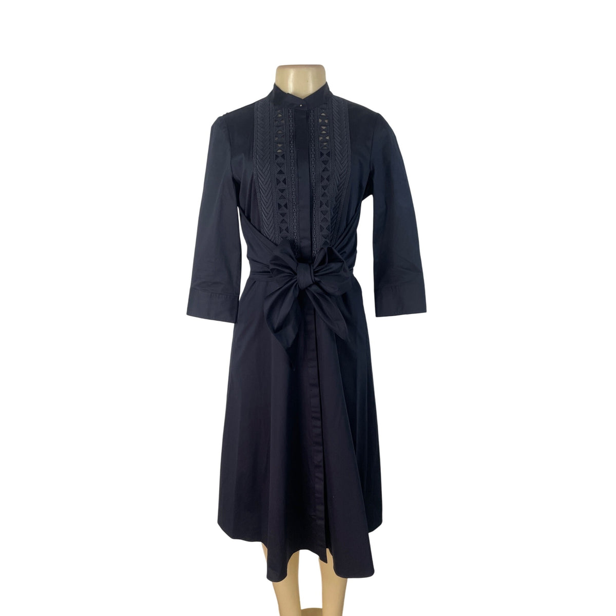 Elie Tahari Women’s Navy Blue Lace-Detail Dress With Bow-Tie Waist