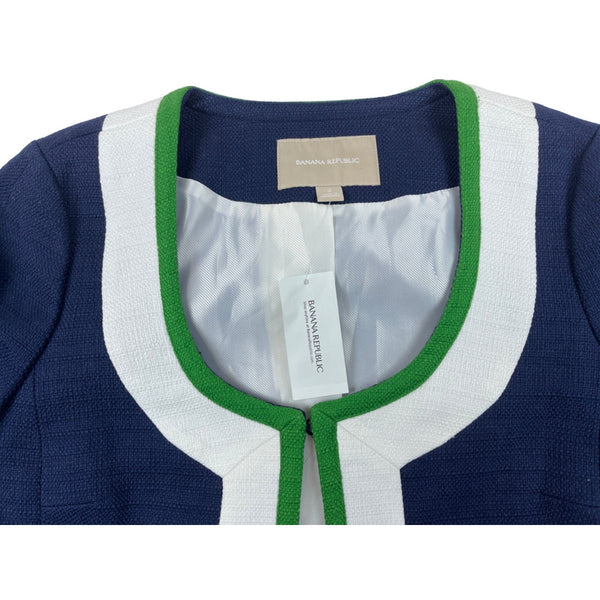 Banana Republic Womens Open Front Cotton Jacket Size 2 Blue White Green Trim New