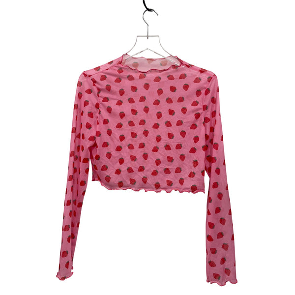 Strawberry Print Womens Pink Mesh Long-Sleeve Sheer Top XL Polyester Stretch