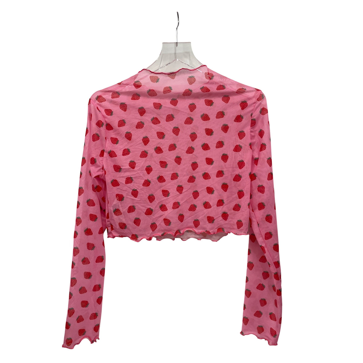 Strawberry Print Womens Pink Mesh Long-Sleeve Sheer Top XL Polyester Stretch
