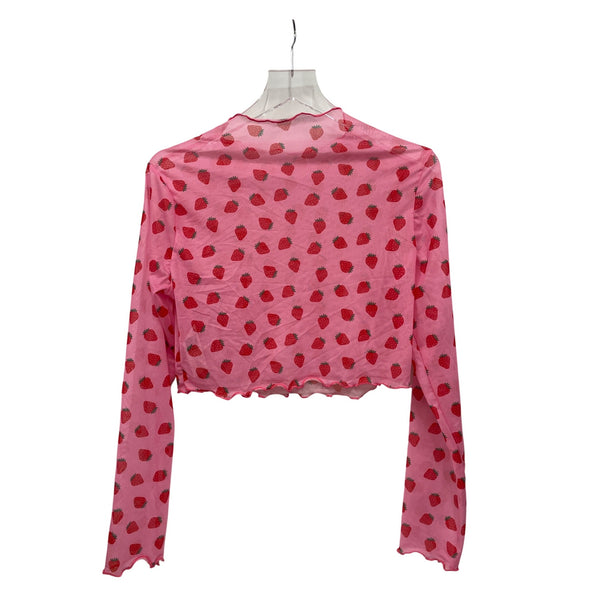 Strawberry Print Womens Pink Mesh Long-Sleeve Sheer Top XL Polyester Stretch