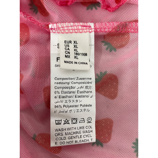 Strawberry Print Womens Pink Mesh Long-Sleeve Sheer Top XL Polyester Stretch